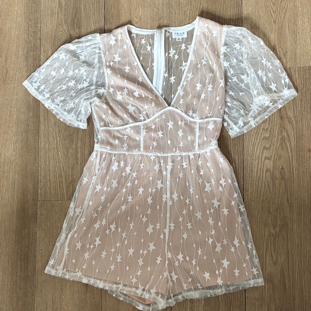 Le Lis Sheer Star Mesh Romper in Blush and White